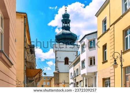 View of the bell tower of the Holy Trinity Church in Krosno, Poland.