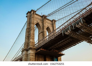 View from below of the Brooklyn bridge in an angle