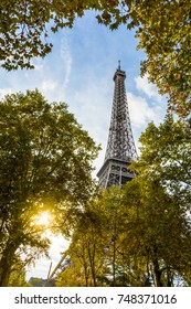 View from below of the Eiffel Tower between the trees in the foreground with the setting sun bursting through the foliage.