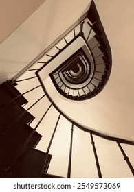 View from below, looking up through the center of a spiral staircase, showcasing intricate patterns and curves.