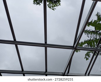 A view from below of a metal frame structure with a translucent roof, against a cloudy sky, with green leaves visible at the top and right.