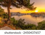 View of Belvedere Skiathos Old Port from elevated position at sunrise in Skiathos Town, Skiathos Island, Sporades Islands, Greek Islands, Greece, Europe
