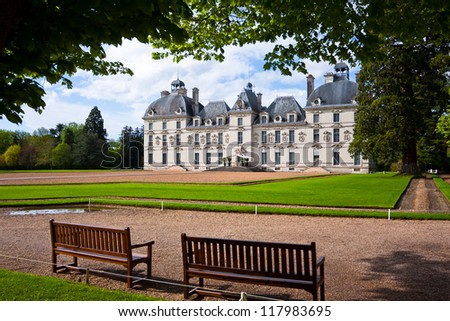 View with benches and the Chateau Cheverny, Loire Valley, France.
