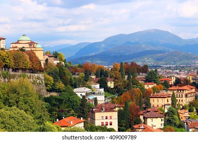 View of Bergamo lower town from upper old town, Italy