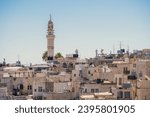 View of Bethlehem cityscape in the West Bank featuring the Minaret of the Mosque of Omar