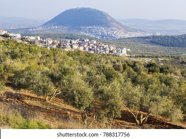 view of the biblical Mount Tabor and the Arab villages at its foot, neighborhood Nazareth, Israel