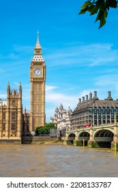 View of Big Ben clock tower over Westminster Bridge and River Thames. London, England