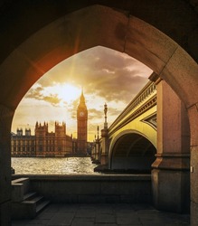 View Of Big Ben And Sun  Through The Pedestrian Tunnel At Sunset, London.