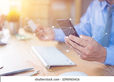 View of a BIG DATA concept of Internet of things (IoT) with man graphical user digital interface transformation, Artificial Intelligence,offer IoT solution represented HUD - intelligent life