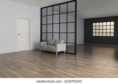 View Of Big Empty Room With Door, Sofa And Folding Screen