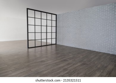 View Of Big Empty Room With Grey Brick Wall And Folding Screen