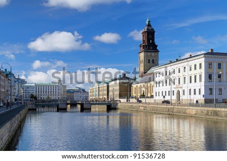 View of the Big Harbor Canal and Christina Church (Tyska Kyrkan) in Gothenburg, Sweden