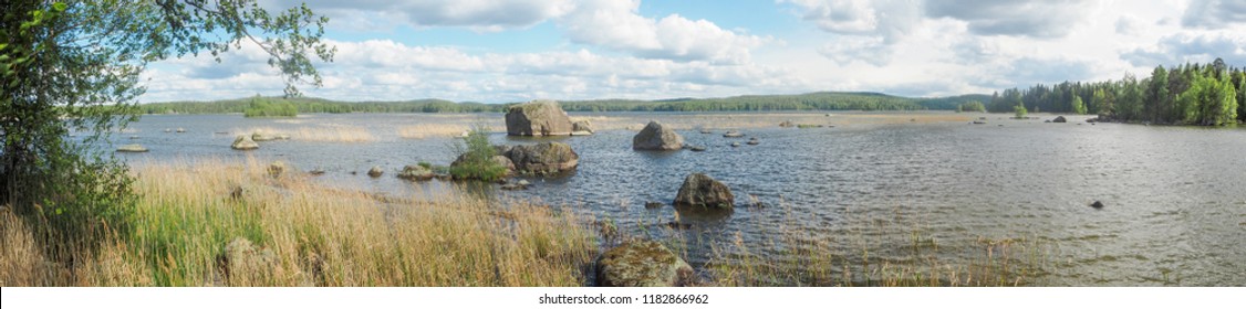 View Of Big Rocks In Päijänne Lake In Finland In Summer