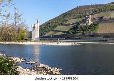 View Of Binger Mouse Tower On The Rhine With Castle Ruin