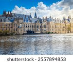 view of Binnenhof - Dutch Parliament at spring with tulip flowers, The Hague, Holland