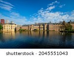 View of the Binnenhof House of Parliament and Mauritshuis museum and the Hofvijver lake. The Hague, Netherlands