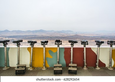 View With Binoculars From Dora Observatory At South Korea And North Korea Border (DMZ). 24 MAR 2017.