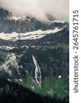 View of Bird Woman Falls waterfall with clinging clouds, pine trees, snow from Going-to-the-Sun Road in Glacier National Park, Montana, USA