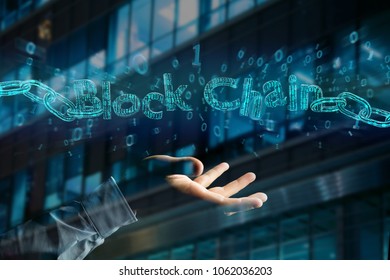 View of a Blockchain title with a cahin made of data number - 3d render