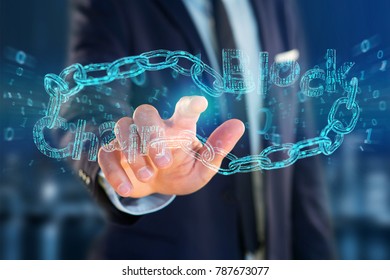 View of a Blockchain title with a cahin made of data number - 3d render
