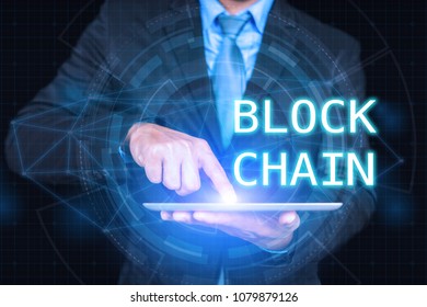 View of a Blockchain title concept of Internet of things (IoT) with man graphical user digital interface transformation, Artificial Intelligence,offer IoT solution represented HUD - intelligent life