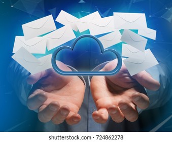 View of a Blue cloud surrounded by realistic envelope email displayed on a futuristic interface - 3d rendering