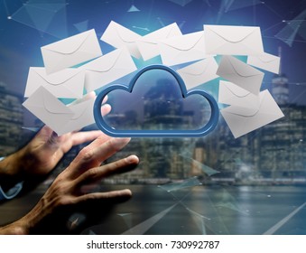 View of a Blue cloud surrounded by realistic envelope email displayed on a futuristic interface - 3d rendering