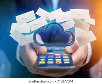 View of a Blue cloud surrounded by realistic envelope email displayed on a futuristic interface - 3d rendering