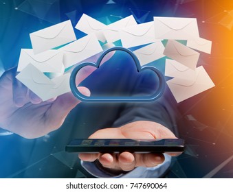 View of a Blue cloud surrounded by realistic envelope email displayed on a futuristic interface - 3d rendering