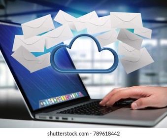 View of a Blue cloud surrounded by realistic envelope email displayed on a futuristic interface - 3d rendering