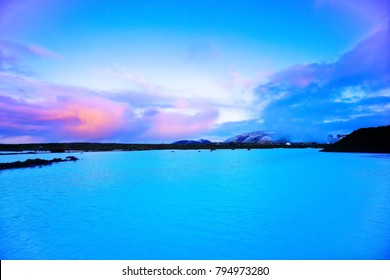 View Of The Blue Lagoon At Dusk In Iceland.