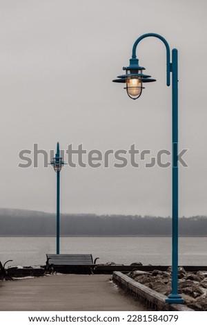 view of a blue metal retro looking lamp post next to a paved road  during fall on a cloudy day with a river behind