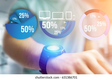 View of Blue survey graph interface with business theme going out a smartwatch - Technology concept