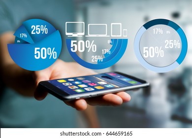 View of Blue survey graph interface with business theme going out a smartphone - Technology concept
