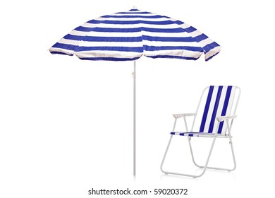 A View Of A Blue And White Striped Umbrella And Beach Chair Isolated On White Background