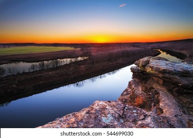 A View From A Bluff On Monegaw Springs, Missouri Overlooking The Osage River At Dusk.