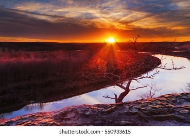 View From A Bluff Overlooking The Osage River During Sunset With A Colorful Sunset