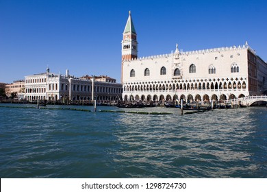 View from the boat of the Basilica of Piazza San Marco Campanile (Campanile di San Marco) - Basilica of Saint Mark and the bell tower of St Mark's  in Venice, Italy | Photo
