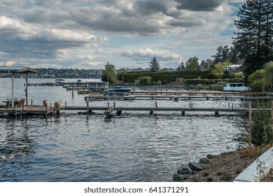 A View Of Boat Docks Near Seward Park In Seattle.