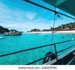 View From The Boat. Group Of Tourists Are Snorkeling Together On A Tour.