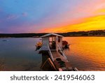 View of the boathouse on Pelitözü Pond at sunset. August 10, 2015. Bilecik, Turkey.