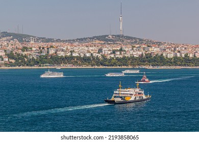 View Of Boats In Bosporus Strait In Istanbul, Turkey