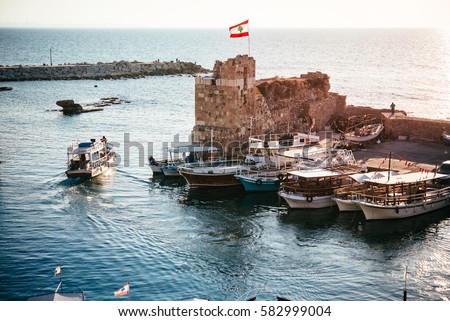 View of the boats in the harbour of Byblos, Lebanon.