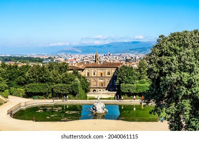 View of the Boboli Gardens, with the back façade of Pitti palace, Florence in the background,  Florence city center, Tuscany region, Italy