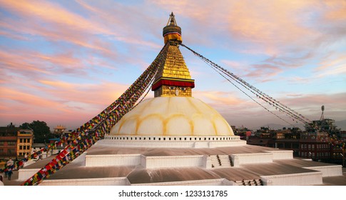 View of Bodhnath stupa, one from the best buddhist stupas on the world, the biggest stupa in Kathmandu city, evening sunset view,  Nepal buddhism