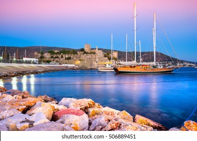 View Of Bodrum Castle And Marina At Sunset, Turkey