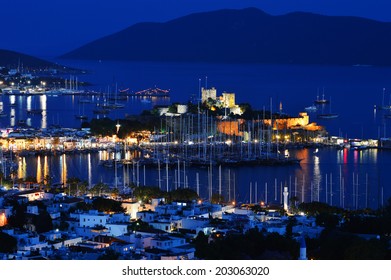 View Of Bodrum Marina By Night. Turkish Riviera.