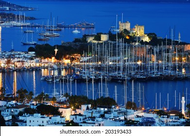 View Of Bodrum Marina By Night. Turkish Riviera.