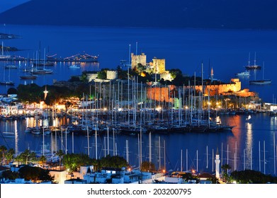 View Of Bodrum Marina By Night. Turkish Riviera.