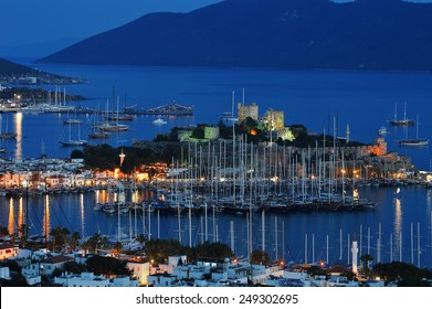 View Of Bodrum Marina By Night. Turkish Riviera.